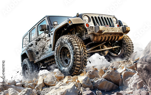 Off Road Jeep Conquering Tough Terrain Isolated on Transparent Background.