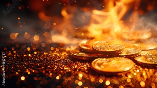 The pile of gold coins is melting. and a fire broke out photo