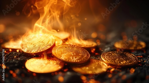 The pile of gold coins is melting. and a fire broke out photo