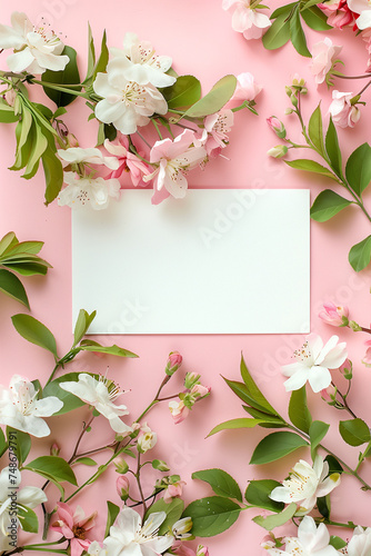 Overhead view of delicate blossoms framing a blank card on pink.