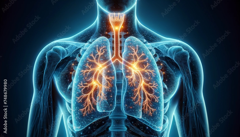 Detailed 3D Illustration of Lung Anatomy and Gas Exchange Process