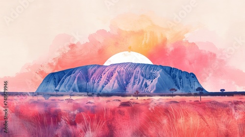 Abstract, minimalist watercolor picture illustration of Uluru monolith. Ai generative. photo