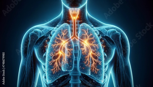 Detailed 3D Illustration of Lung Anatomy and Gas Exchange Process photo