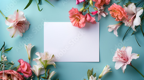Top view of a blank card surrounded by flowers, ideal for invitations.