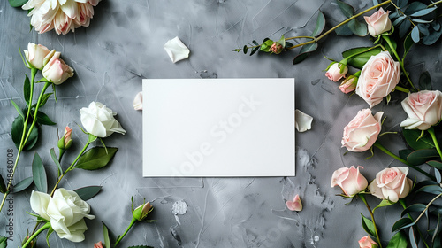 Top View Elegant Floral Arrangement with Card. Overhead view of pink and white roses with a blank card.