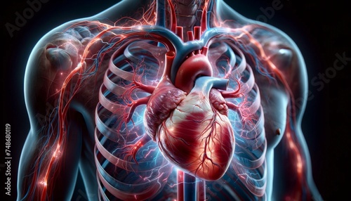 X-ray view of the human chest with a healthy, glowing heart