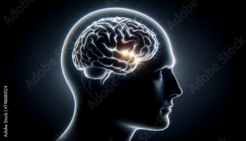 Futuristic Educational 3D Brain Illustration in Light Blue Silhouette
