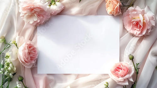 Top view of delicate roses with space for text, ideal for wedding invitations.
