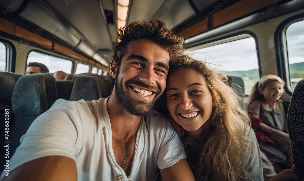 Happy young couple sitting in the train , traveling to their vacation by train. Active lifestyle concept Happy young couple sitting in the train , traveling to their vacation by train. Active lifestyle concept