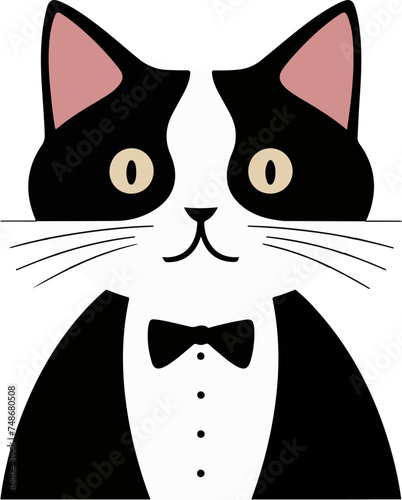 black and white tuxedo cat cartoon illustration, cat wear tie 