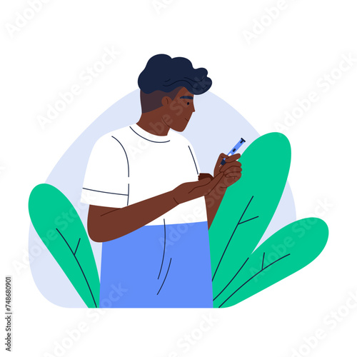 Man using lancet pen and measuring sugar. Blood glucose level test. Man patient with diabetes. Diabetes treatment, awareness day, healthcare. Isolated vector illustration in cartoon style