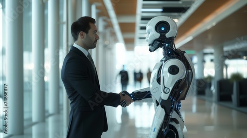 A man and a humanoid robot engage in a handshake in a modern office setting, symbolizing futuristic partnership and technology innovation.