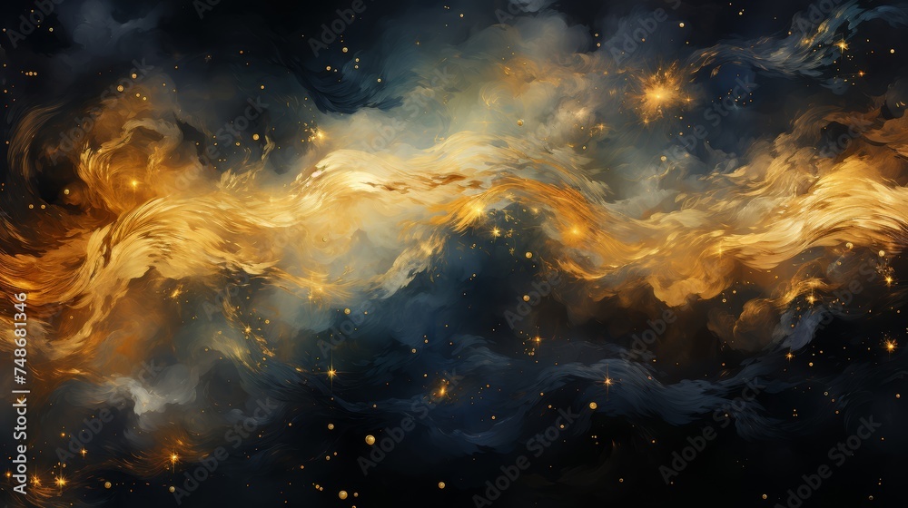 Ethereal and dynamic abstract cosmic scene with swirling golden textures and sparkling stars, reminiscent of a nebula or distant galaxy, perfect for festive backgrounds or creative contemplation.