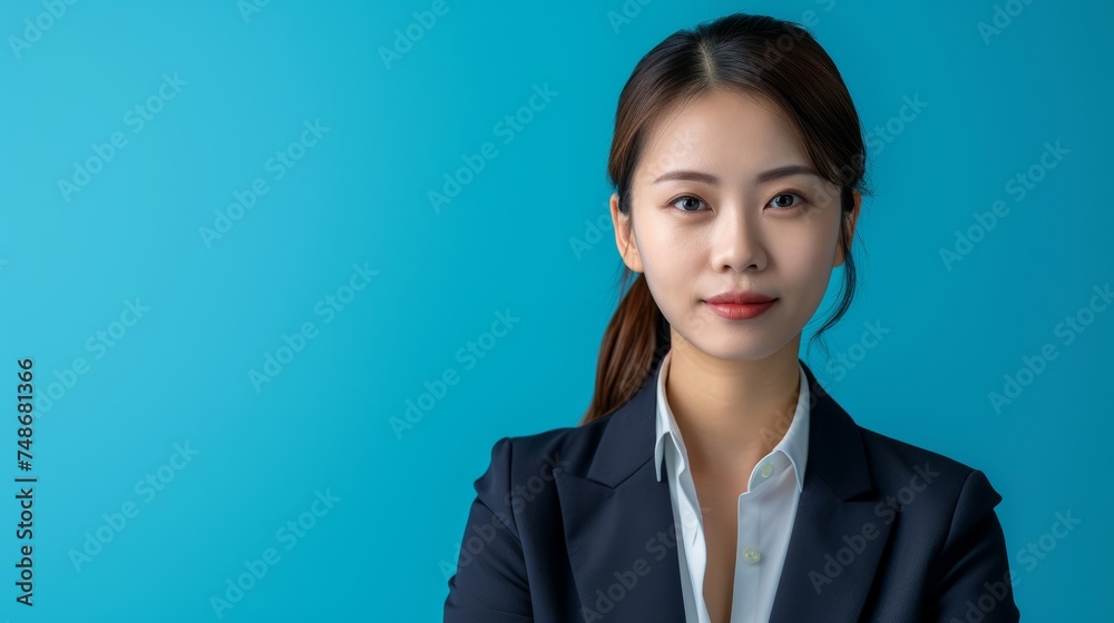 Confident professional woman in business attire against a vibrant blue background, ideal for corporate profiles or professional services marketing.