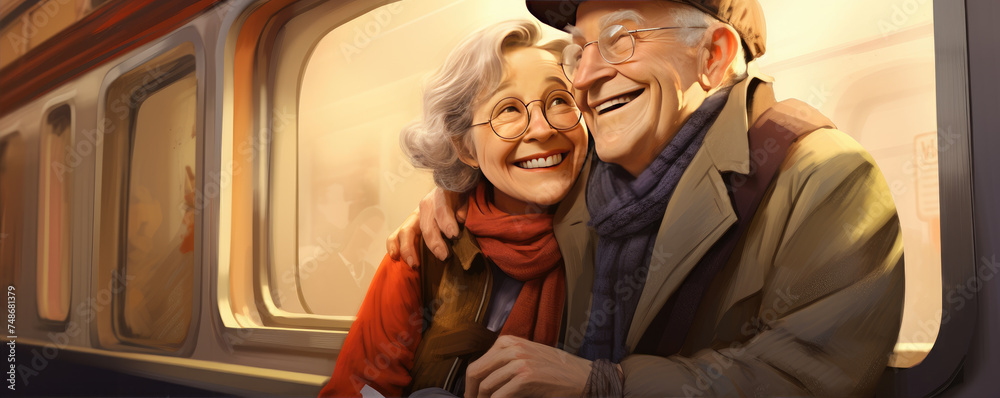 Happy senior couple having fun and enjoying their train trip