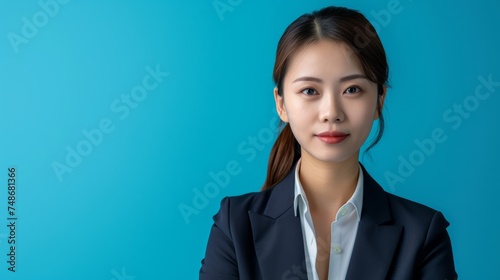 Confident professional woman in business attire against a vibrant blue background, ideal for corporate profiles or professional services marketing.