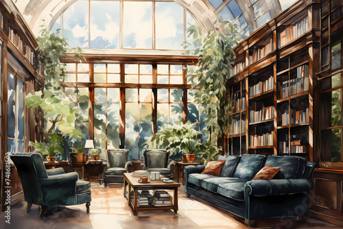 Old vintage library Room with floor-to-ceiling bookshelves and light-filled windows watercolor style. 