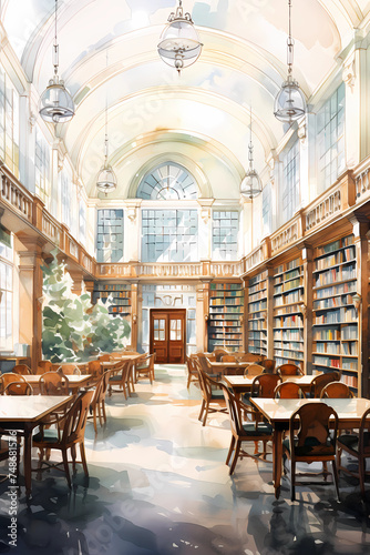 Old Library study hall with desks and chairs light vintage feel in soft watercolor style. 