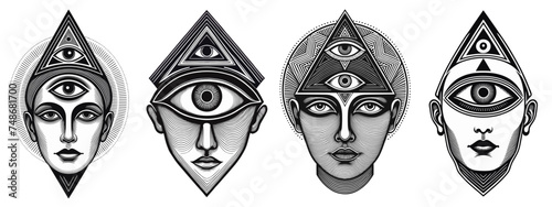 Enigmatic Visions: Head with All-Seeing Eye Symbol Set