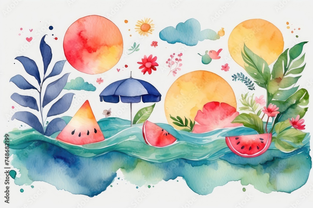 Naklejka premium Vibrant Watercolor Summer Beach Illustration with Watermelon and Sun