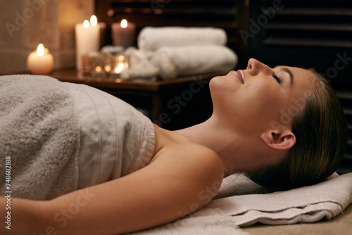 Bilde på lerret Woman, luxury and spa with calm, zen and rest for relaxation and stress relief