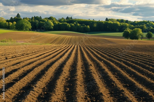 field texture featuring neatly plowed furrows in a rustic farmland