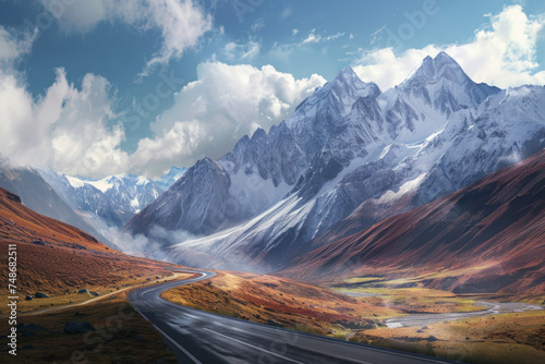 An image of a road in the mountains with clouds and blue sky