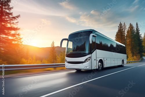  Modern coach bus speeds along a scenic highway, winding through a forest with a beautiful sunset countryside backdrop