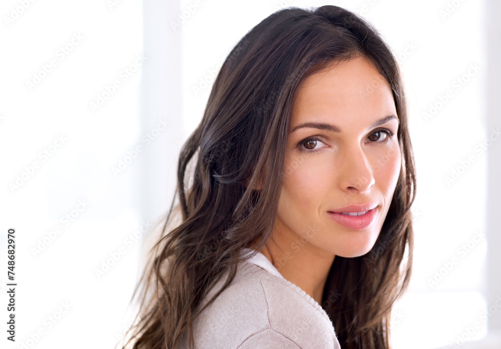 Portrait, woman and home with smile to relax, on break, chill and satisfied with me time on holiday. House, female person and leisure for rest in living room with day off, cosy and enjoy vacation