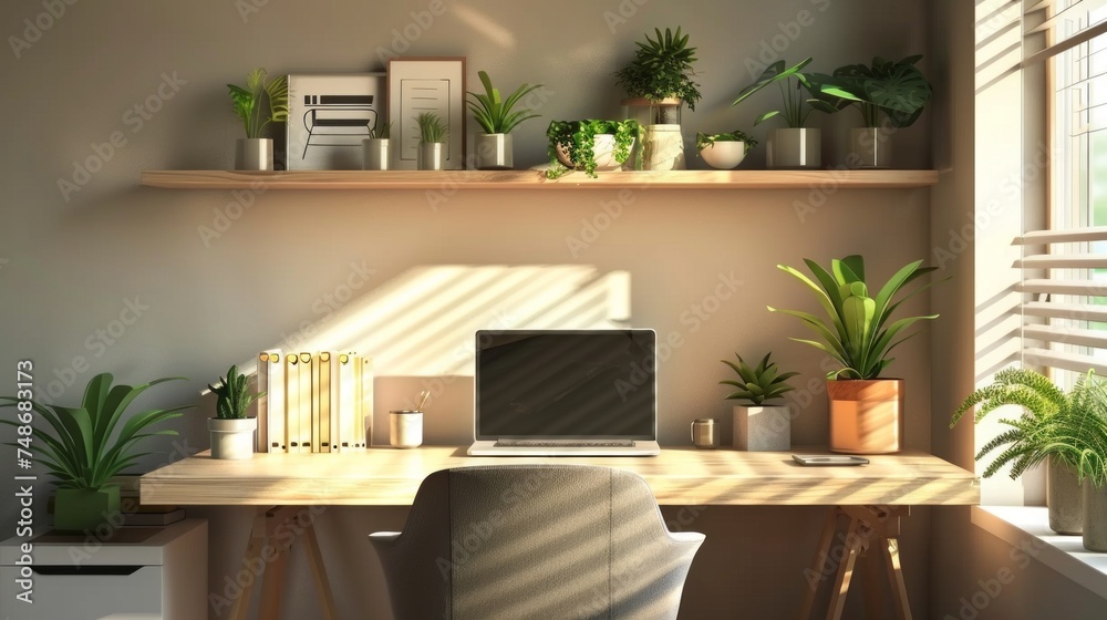 Neatly organized, home office, work space in a room in soft natural light in the morning. Wooden desk with laptop on it.
