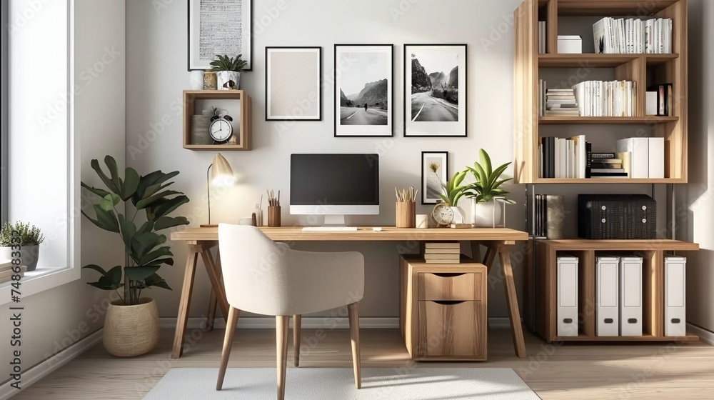 Modern and minimalist home office filling with sunlight. Wooden desk with computer monitor, stationery holders, plants and decorative items.