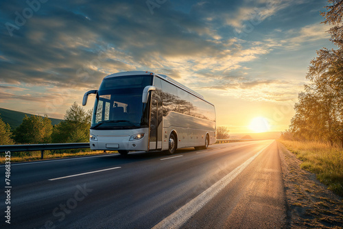 Modern white intercity bus on a scenic highway with the warmth of a sunset, perfect for long-distance travel and countryside touring.