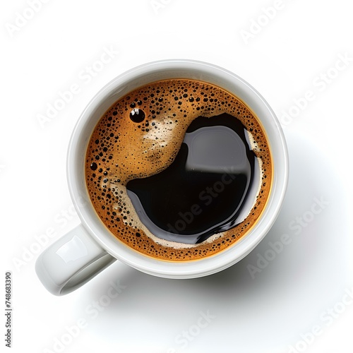 Black cup of coffee isolated on white background with shadow. Black coffee in a cup bird's eye view. Coffee arabica top view