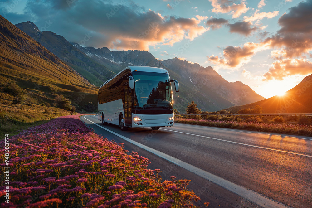 Intercity bus on mountainous highway with picturesque sunset and blooming flowers, ideal for scenic travel and adventure tours. - obrazy, fototapety, plakaty 