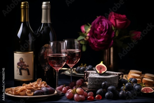 Appetizing prosciutto, cheese, and figs snacks for wine pairing on stylish black background