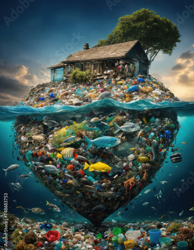 Une vieille cabane sur un tas de déchet et pollution dans l'océan - generative AI