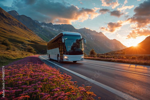 Intercity bus on mountainous highway with picturesque sunset and blooming flowers, ideal for scenic travel and adventure tours. photo