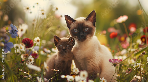 Cinematic photograph of siamese cat and baby in a field full of colorful blooming flowers. Mother's Day. photo