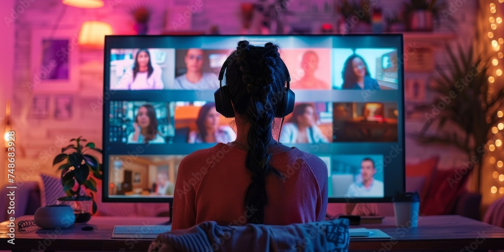Obraz premium Back view of woman participating in virtual conference via video call, with multiple participants on the large monitor. Room is dimly lit, with neon lighting