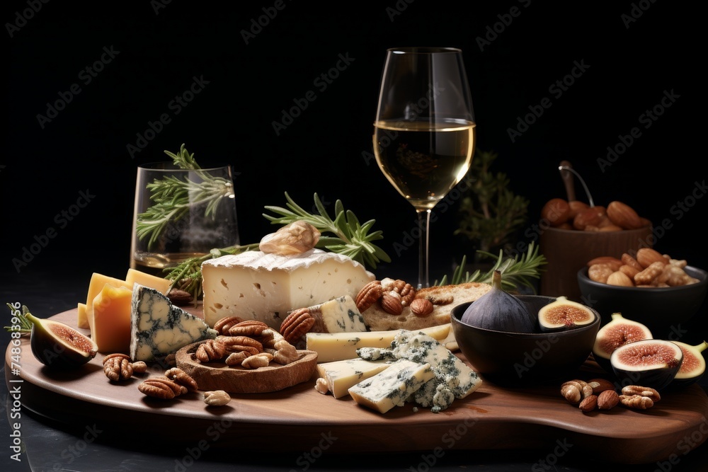 Delicious prosciutto, cheese, and figs snacks for wine pairing on elegant black background