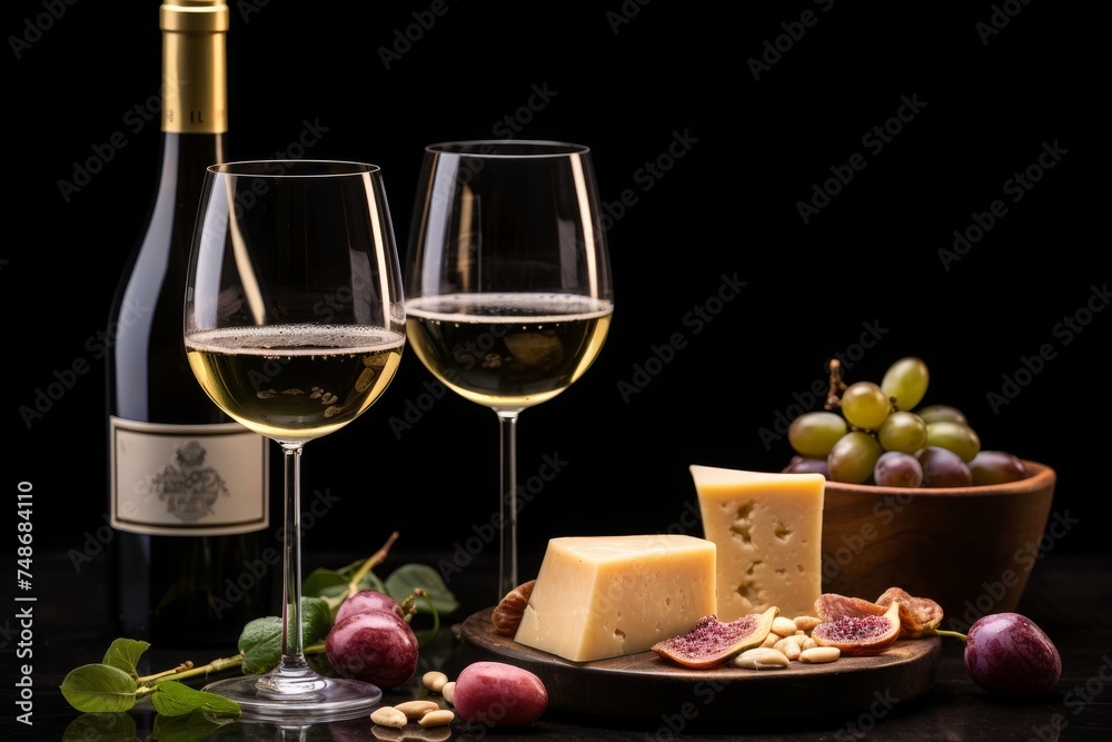 Delicious prosciutto, cheese, and figs for wine pairing on chic black background
