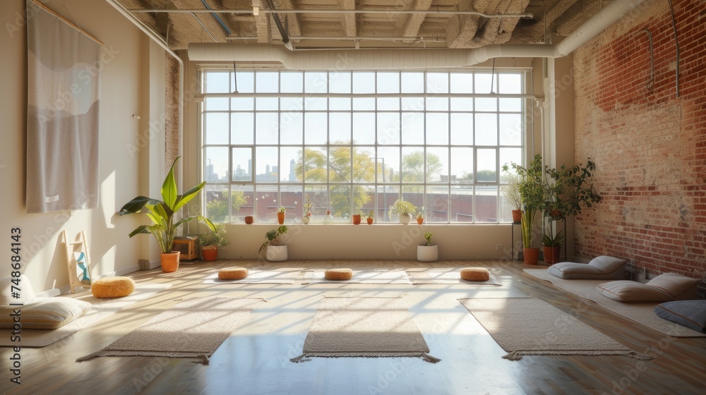 Experience the serenity of a sunshine-filled yoga haven with a bright white interior, brick wall, and a window, a perfect space for tranquility and fitness. Experience the serenity of a sunshine-filled yoga haven with a bright white interior, brick wall, and a window, a perfect space for tranquility and fitness.