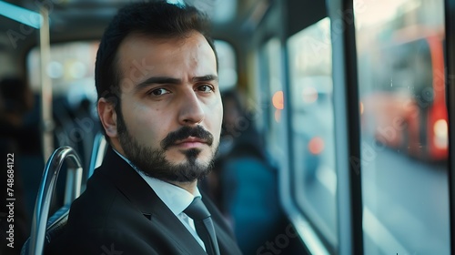 A young professional looking out the window of a bus or train. He is wearing a suit and tie and has a beard. He is looking thoughtful and pensive.