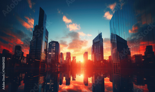 Skyscrapers in futuristic city with sunrise.