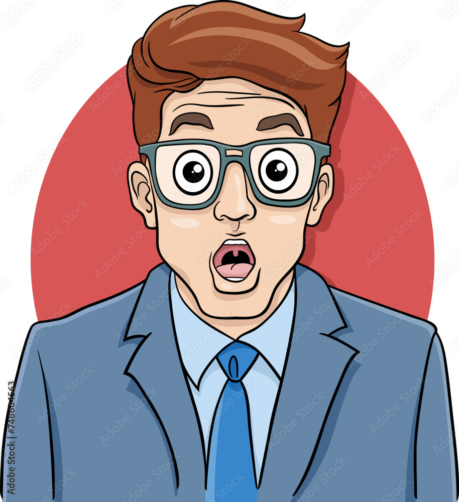 cartoon surprised young businessman in suit and glasses