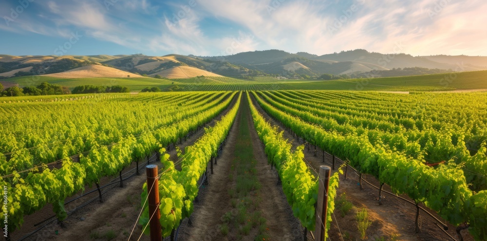 Explore the picturesque charm of a vineyard, with rows of grapevines extending across the landscape, creating an idyllic scene of rural serenity. - obrazy, fototapety, plakaty 