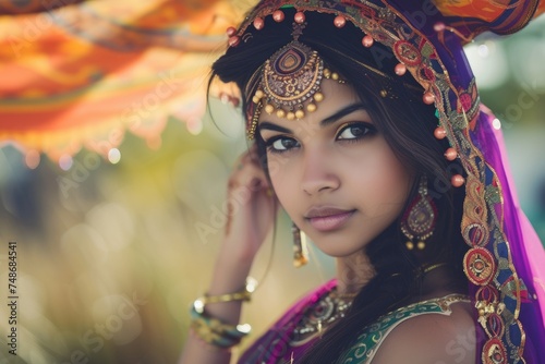Elegant Indian Woman Adorned with Traditional Jewelry and Headdress. Fictional Character Created By Generated By Generated AI.
