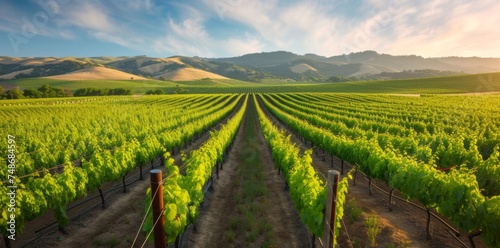 Explore the picturesque charm of a vineyard, with rows of grapevines extending across the landscape, creating an idyllic scene of rural serenity. photo