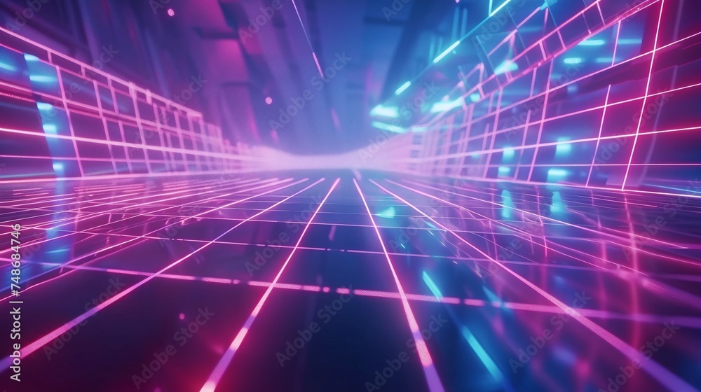 captivating retro sci-fi background with a futuristic grid landscape, reminiscent of the digital cyber style of the 1980s
