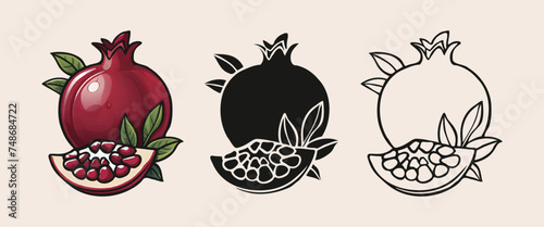 Pomegranate fruit with leaves vector illustration. Isolated white background. Red garnet. Silhouette garnet.